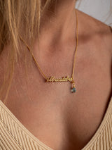Gold vermeil necklace by Leeloobird Jewelry Bali with 'Alphacalabra' pendant on a person wearing a beige top.