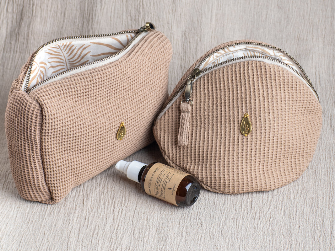 Handmade cosmetic bags by LeeLooBird Bali waffle cotton pouches with tropical lining